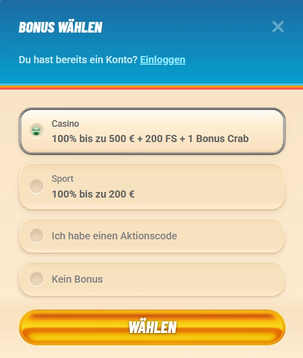 Vegasino Casino Bonusbereich bei der Registrierung