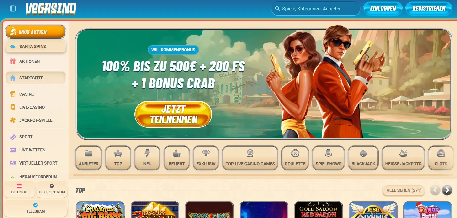 Vegasino Casino-Menü